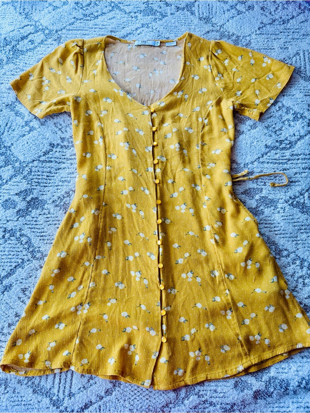 Obey Floral Mini Dress XS Mustard Yellow Lace Up Back Button Front Sustainable